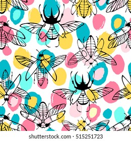 Seamless pattern with hand drawn exotic beetles.