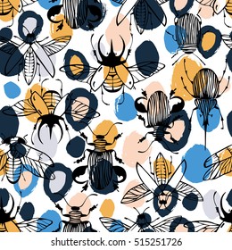 Seamless pattern with hand drawn exotic beetles.