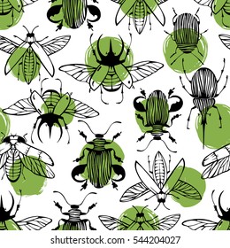 Seamless pattern with hand drawn exotic beetles.