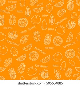 Seamless pattern with hand drawn exotic fruit on yellow background. Perfect organic food pattern in line style, can use for wrapping paper, bio products wallpaper, organic background