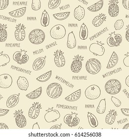 Seamless pattern with hand drawn exotic fruit on beige background. Perfect organic food pattern in line style, can use for wrapping paper, bio products wallpaper, organic background