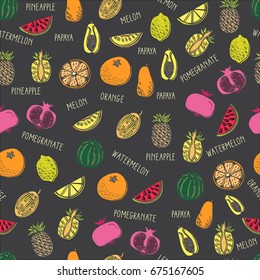 Seamless pattern with hand drawn exotic fruit on black background. Perfect organic food pattern in flat style, can use for wrapping paper, bio products wallpaper, organic backgdrop