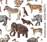 Seamless pattern with hand drawn extinct animals