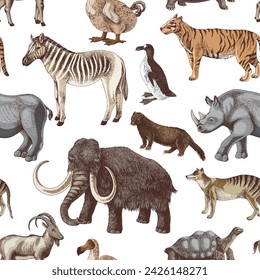 Seamless pattern with hand drawn extinct animals