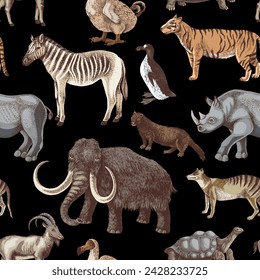 Seamless pattern with hand drawn extinct animals