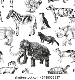 Seamless pattern with hand drawn extinct animals