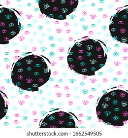 Seamless pattern with hand drawn eye in doodle style. Cute repeat background. Texture for t shirt, wallpaper, card, poster, beauty salon. Vector Illustration
