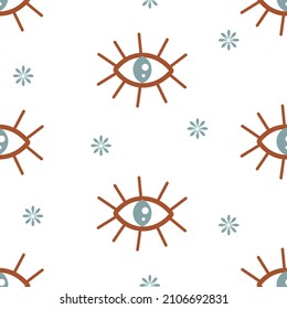 Seamless pattern with hand drawn eyes and little flower on white background vector illustration.