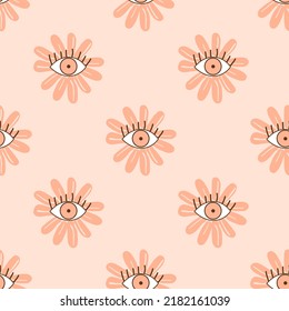 Seamless pattern with hand drawn eyes and flower on orange background vector illustration.