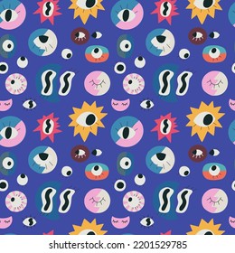 Seamless pattern with hand drawn eyes. Spooky halloween background with different eerie eyes and eyeballs.