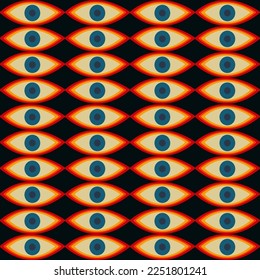 Seamless pattern with hand drawn eyes in psychedelic, hippie style