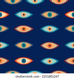 Seamless pattern with hand drawn eyes in psychedelic, hippie style