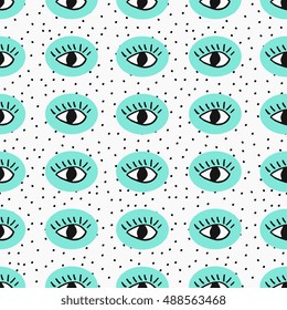 Seamless pattern with hand drawn eyes in green, black and white on dots texture background.