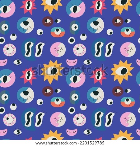 Seamless pattern with hand drawn eyes. Spooky halloween background with different eerie eyes and eyeballs.