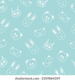 Seamless pattern with hand drawn face of rabbit, hare, pig, owl, teddy bear on blue in naive style.