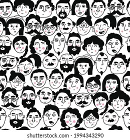 Seamless pattern with hand drawn people’s faces in doodle style. Textile prints, wrapping paper, scrapbooking, stationary, wallpaper, etc. Diversity, society, emotions theme. Eps 10