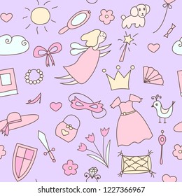 Seamless pattern with hand drawn fairy, magic wand, crown, hat, flowers, dress, sword, shield, shoe, bag, butterfly, bird, mask. Vector illustration in doodle style. Pastel colors