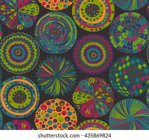 Seamless pattern with hand drawn fancy circle. Colorful beautiful endless background with decorative ethnic elements.