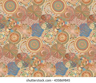 Seamless pattern with hand drawn fancy circle. Colorful beautiful endless background with decorative ethnic elements