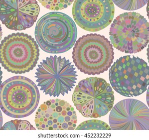 Seamless pattern with hand drawn fancy circle. Colorful beautiful endless background with decorative ethnic elements