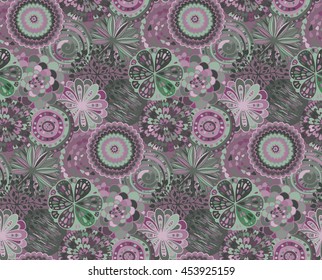 Seamless pattern with hand drawn fancy circle. Soft color beautiful endless background with decorative ethnic elements.