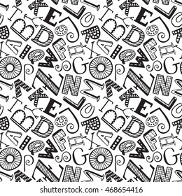 Seamless pattern with hand drawn fancy alphabet, funny doodle letters. Vector endless background with black and white letters with different textures