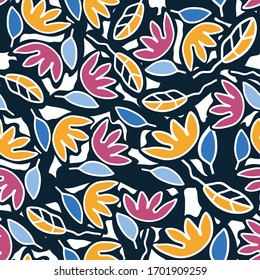 Seamless pattern with hand drawn fantasy flower blooms and leaves on dark background for surface design and other design projects