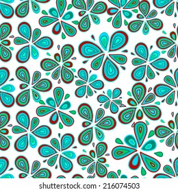 Seamless pattern with hand drawn fantasy clover leaves and abstract flowers.Clipping mask is used,vector illustration.