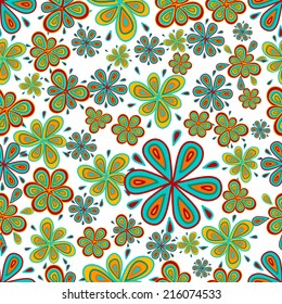 Seamless pattern with hand drawn fantasy clover leaves and abstract flowers.Clipping mask is used,vector illustration.