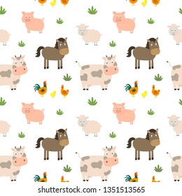 Seamless pattern with hand drawn farm animals. Vector illustration.