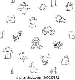 Seamless pattern Hand drawn Farm icon set