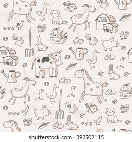 Seamless pattern with hand drawn farm icons. Vector illustration.