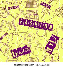 Seamless pattern of hand drawn fashion woman bags with titles in yellow and purple colors for your stylish urban design