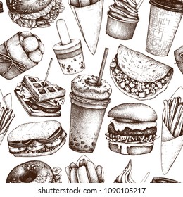 Seamless pattern with hand drawn fast food illustrations. Vintage background for restaurant, cafe or food truck menu. 
Engraved style elements - burgers, ice cream, milkshake, fries, tacos drawings.