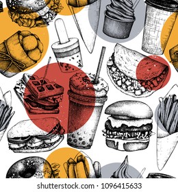 Seamless pattern with hand drawn fast food illustrations. Vintage background for restaurant, cafe or food truck menu. 
Engraved style elements - burgers, ice cream, milkshake, fries, tacos drawings.