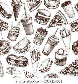 Seamless pattern with hand drawn fast food illustrations. Vintage background for restaurant, cafe or food truck menu. 
Engraved style elements - burger, ice cream, milkshake, fries, pizza drawings.