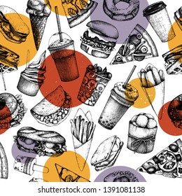 Seamless pattern with hand drawn fast food illustrations. Vintage background for restaurant, cafe or food truck menu. 
Engraved style elements - burger, ice cream, milkshake, fries, pizza drawings.