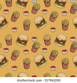 Seamless pattern of hand drawn fast food objects, burger, fries and ketchup, vector illustration