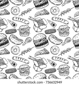 Seamless pattern with hand drawn fast food. Burger, donut, hot dog, chinese food. Vector illustration