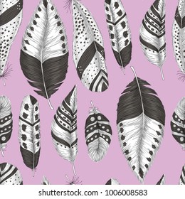 Seamless pattern with hand drawn feathers. Elements for design.