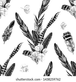 Seamless pattern with hand drawn feathers and cotton. Vector illustration