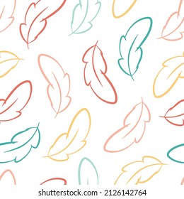 Seamless pattern with hand drawn feathers. Feathers in doodle style. Cute pattern with feathers in Scandinavian style in pastel colors. Vector baby background.