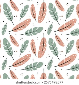 Seamless pattern of hand drawn feathers in soft pastel green and pink colors with polka dots and decorative elements. Ideal for textile design, wallpapers, wrapping paper, and stationery.