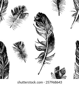 seamless pattern with hand drawn feathers