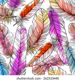 Seamless pattern with hand drawn feathers with watercolor splatters 