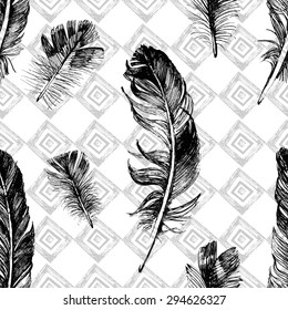 seamless pattern with hand drawn feathers on geometrical background