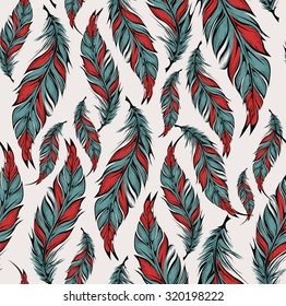 Seamless pattern with hand drawn feathers. Vector illustration