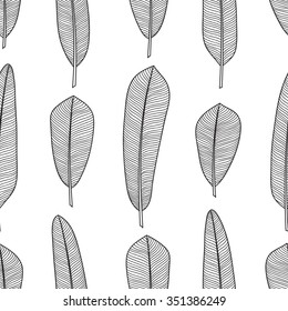 Seamless pattern with hand drawn feathers. Decorative elements. Black and white pattern. Doodle style. Can be used for wallpaper, pattern fills, web page background, postcard, poster, wrapping paper.