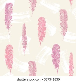  seamless pattern with hand drawn feathers over abstract strokes