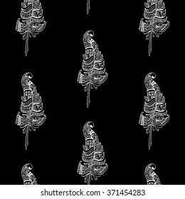 Seamless pattern with hand drawn feathers on white background. Pattern made by trace from sketch. Zentangle pattern drawn with ink pen. Doodles pattern - vector illustration.